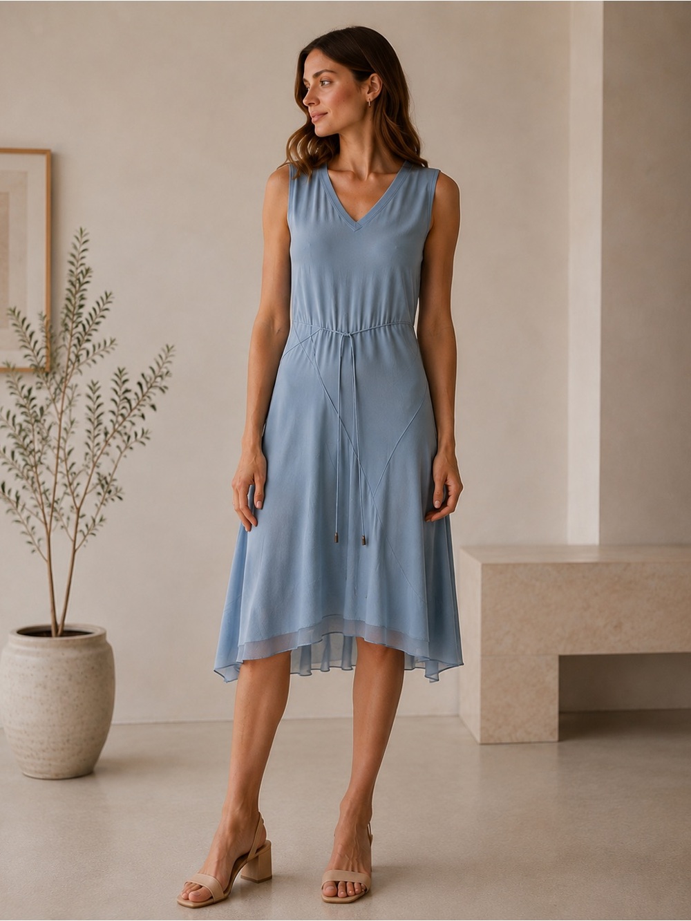 Elie Tahari Dusty Blue Sleeveless V-Neck Midi Dress